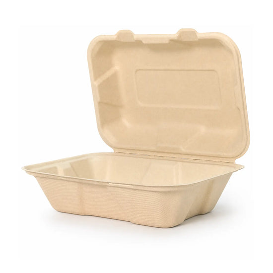9" x 6" 3 Compartment Compostable Clamshell Containers | 500 Count Case