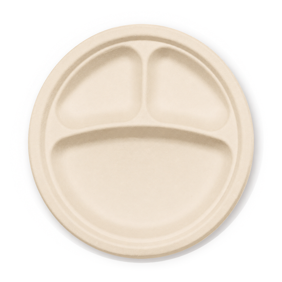 9" 3 Compartment Compostable Round Plates | 500 Count Case