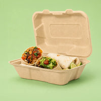 9x6 divided compostable bagasse clamshell BPI certified for combo meals catering and institutional foodservice — We Care Products USA